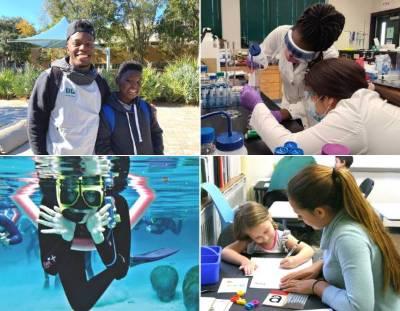 A four picture collage of the college of arts and science divisions. Marine Science, Pre-Professional, NROTC and Science.